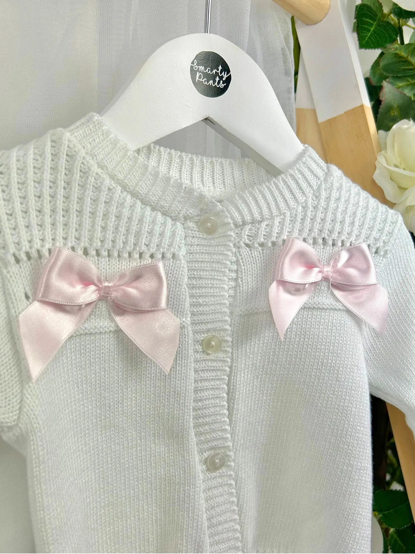 Baby Girl 'Emmy' White & Pink Bow Cardigan