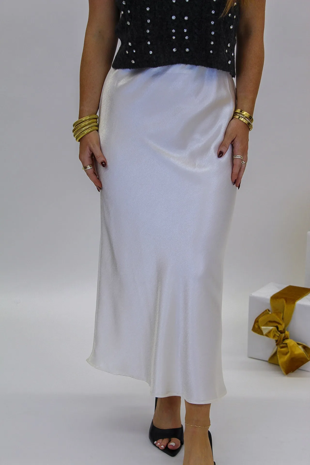 Becca Satin Midi Skirt- Cream