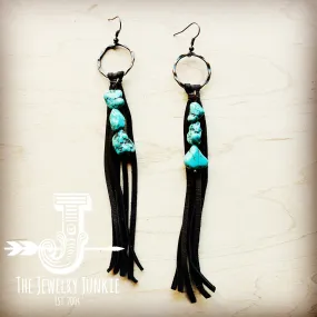 Brown Leather Fringe Earrings with Turquoise Chunks 218p
