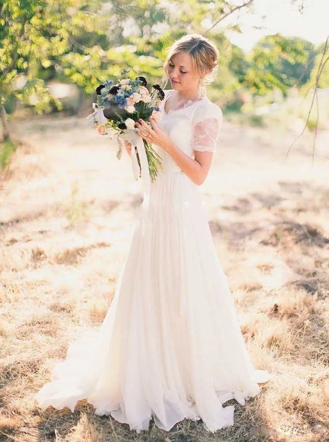 Chiffon Wedding Dresses with Short Sleeves,Garden Bridal Dress with Sweep Train,WD00323
