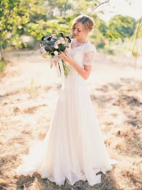 Chiffon Wedding Dresses with Short Sleeves,Garden Bridal Dress with Sweep Train,WD00323