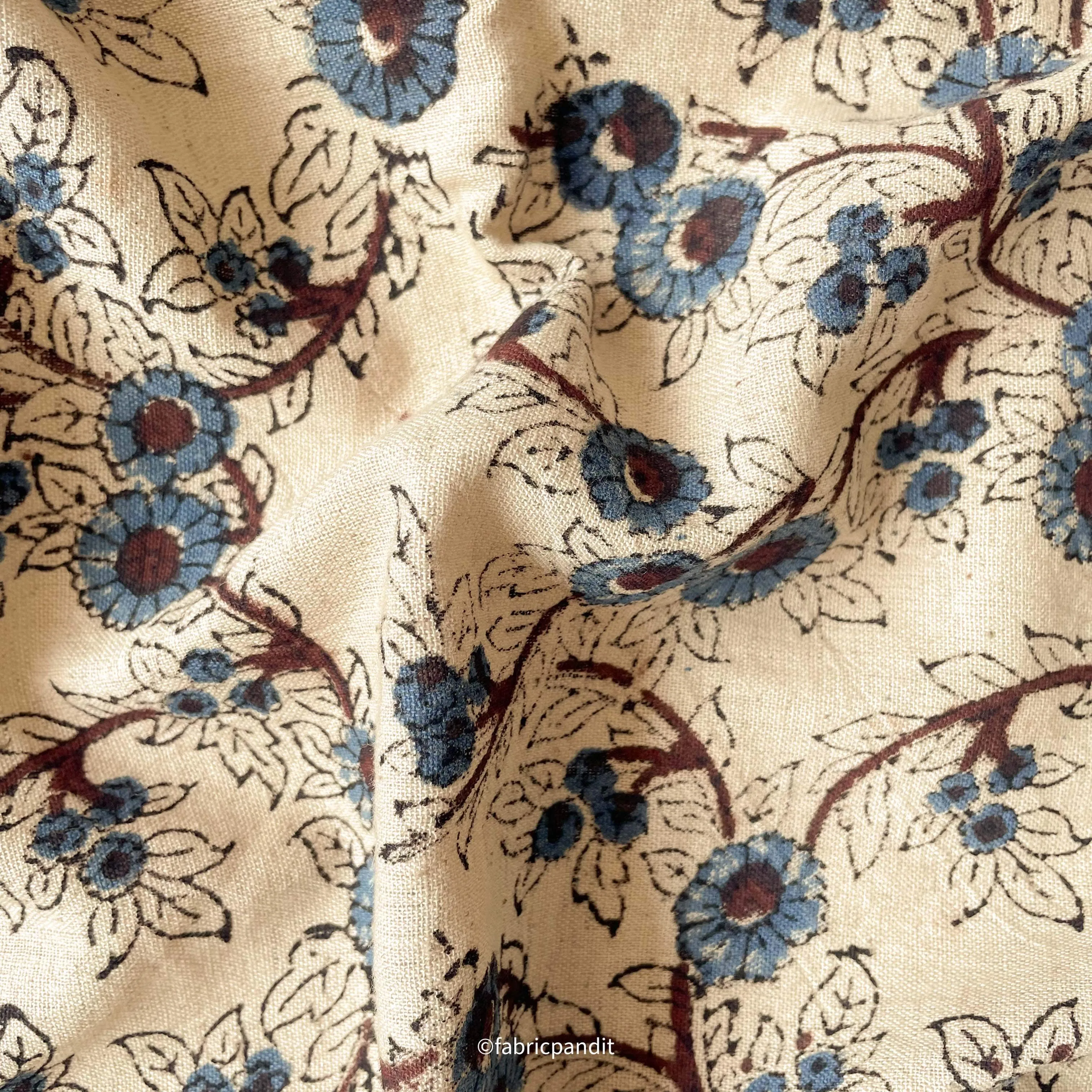 Dusty Beige & Blue Daisy Garden Hand Block Printed Pure Cotton Linen Fabric (Width 42 inches)