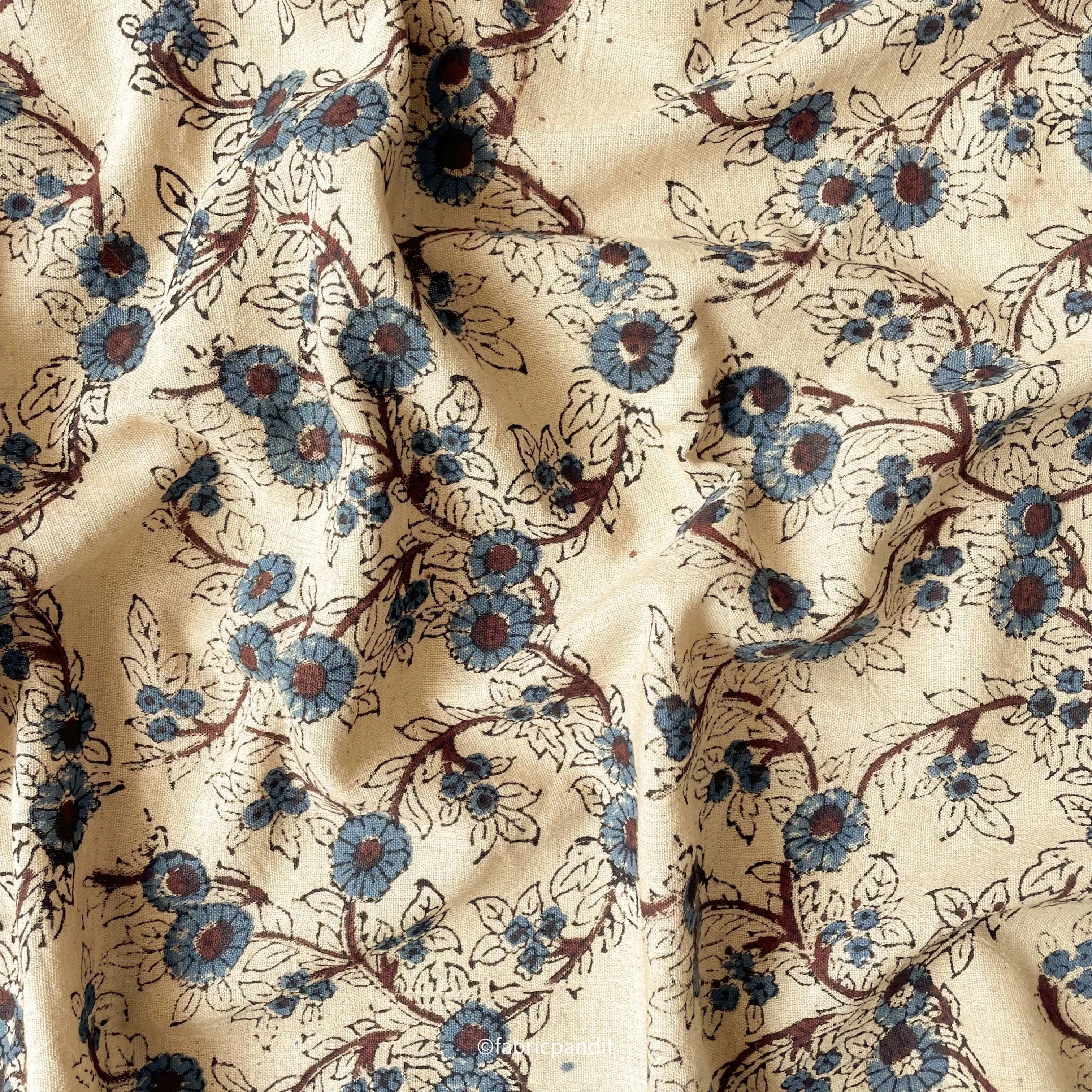 Dusty Beige & Blue Daisy Garden Hand Block Printed Pure Cotton Linen Fabric (Width 42 inches)