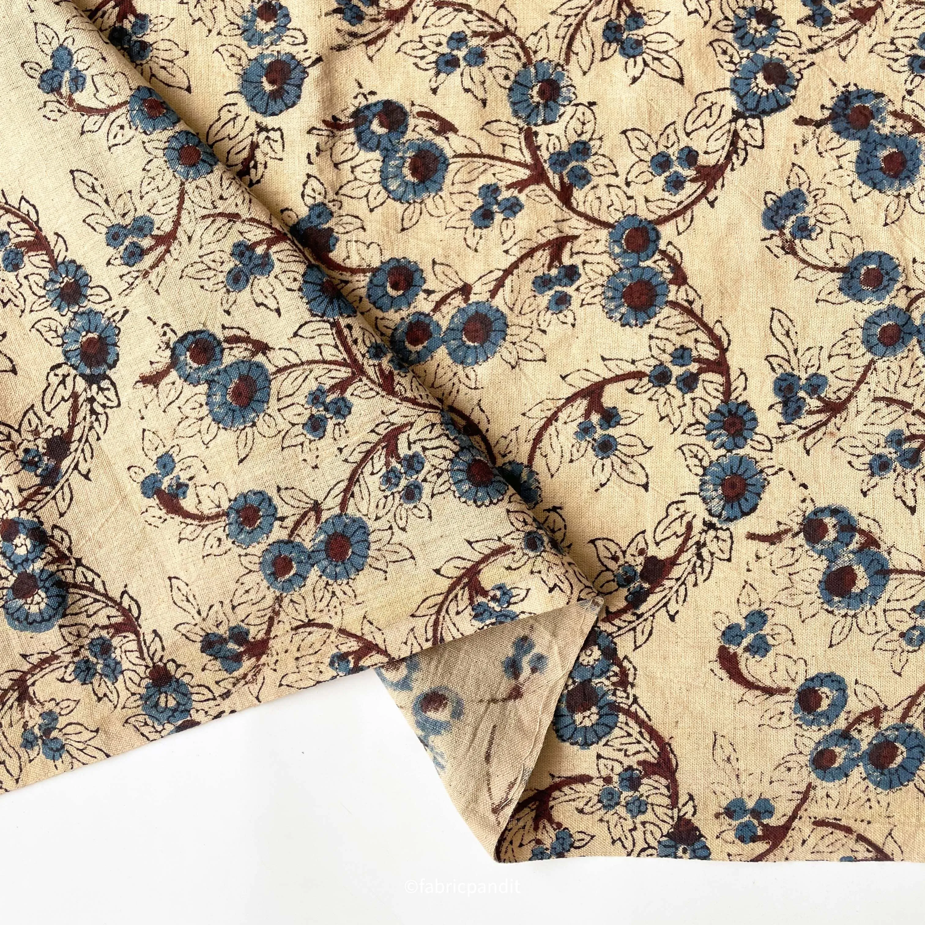 Dusty Beige & Blue Daisy Garden Hand Block Printed Pure Cotton Linen Fabric (Width 42 inches)