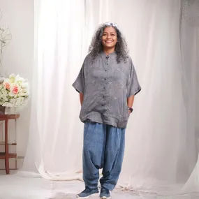 Grey Jamdani Kimono Shirt | Cotton Muslin | Relaxed Fit | Casual Wear