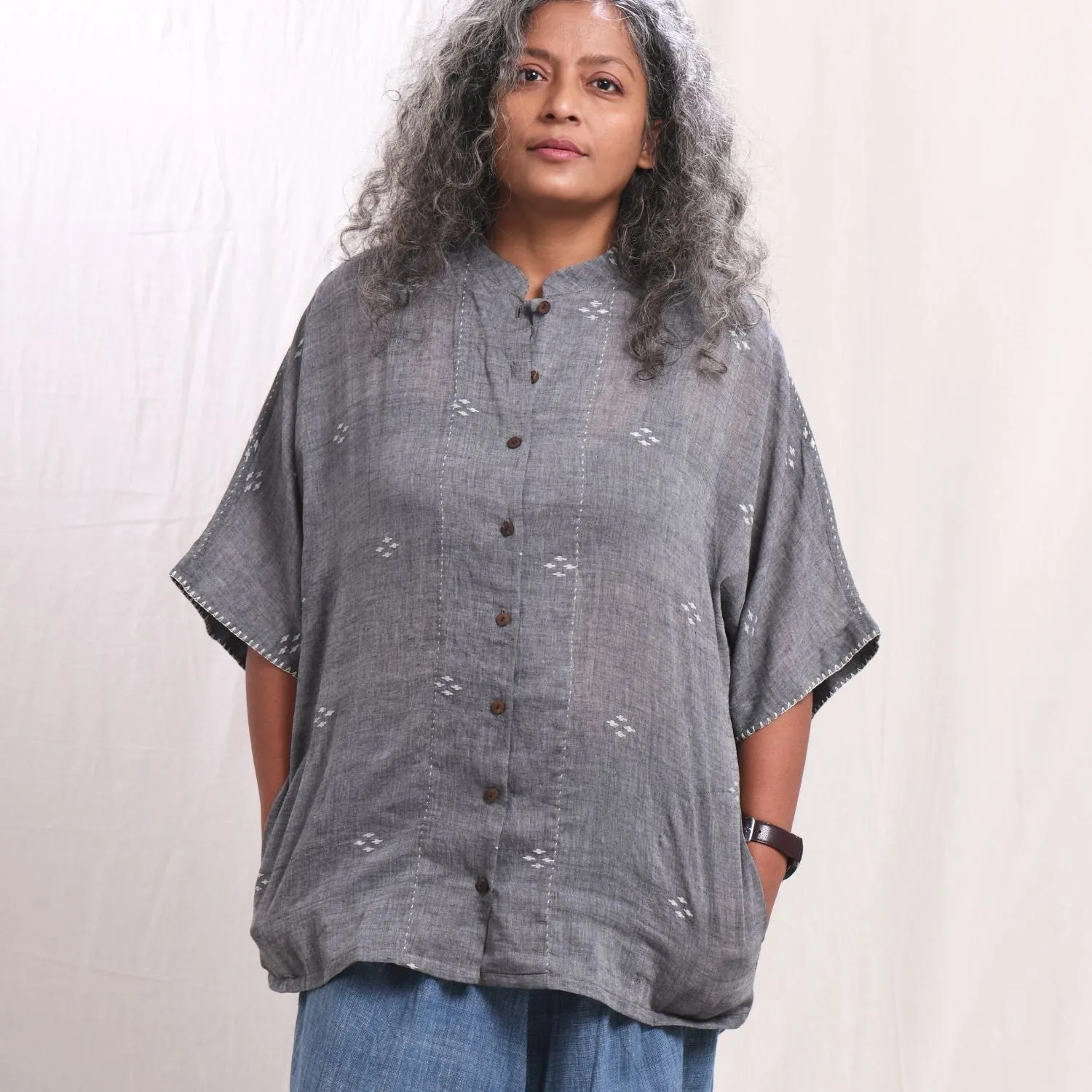 Grey Jamdani Kimono Shirt | Cotton Muslin | Relaxed Fit | Casual Wear