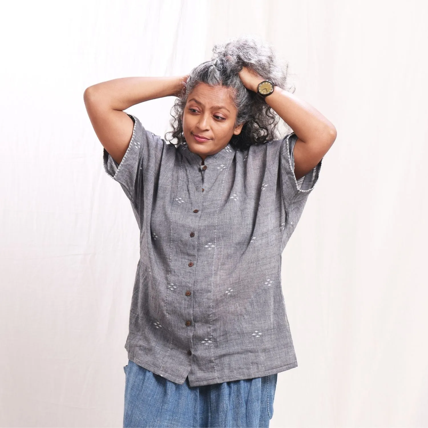 Grey Jamdani Kimono Shirt | Cotton Muslin | Relaxed Fit | Casual Wear
