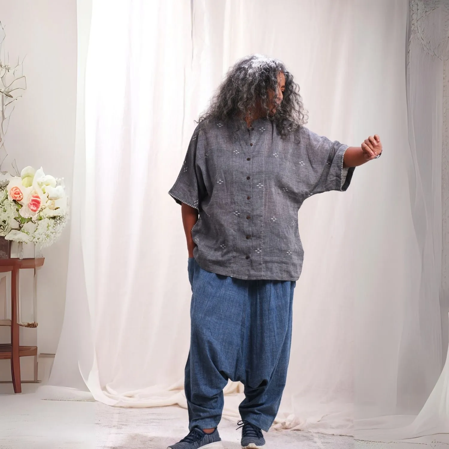 Grey Jamdani Kimono Shirt | Cotton Muslin | Relaxed Fit | Casual Wear