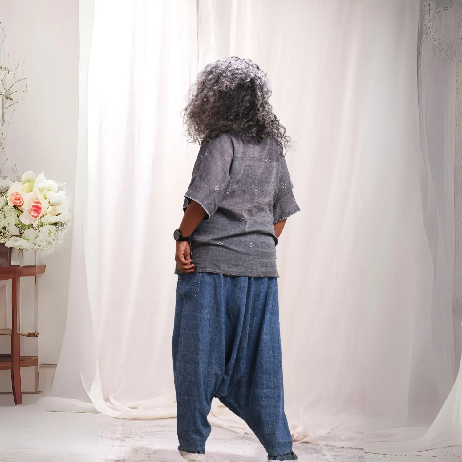 Grey Jamdani Kimono Shirt | Cotton Muslin | Relaxed Fit | Casual Wear