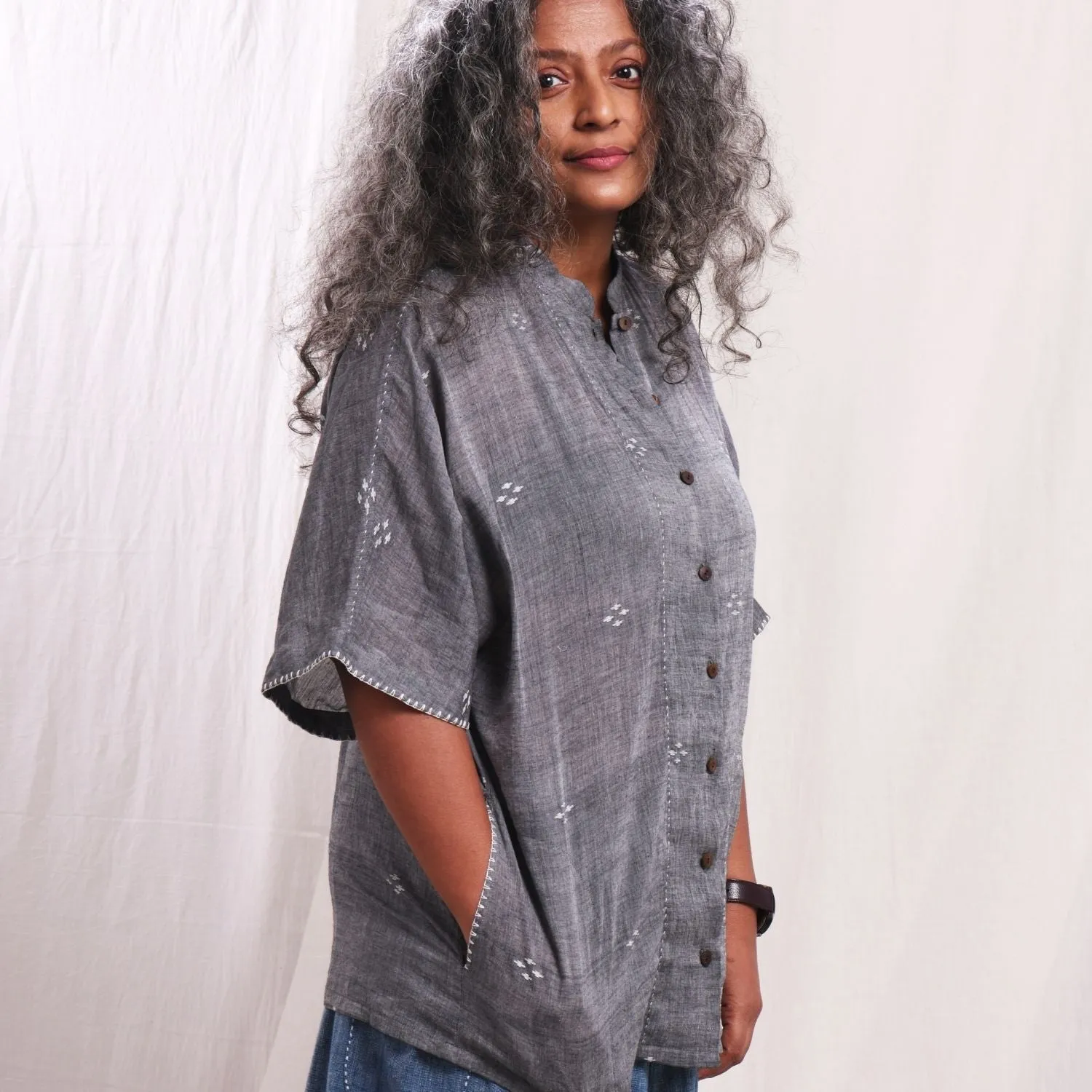 Grey Jamdani Kimono Shirt | Cotton Muslin | Relaxed Fit | Casual Wear