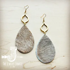 **Hair Hide Leather Teardrop Earrings Tan w/ Matte Gold Dangle 219s