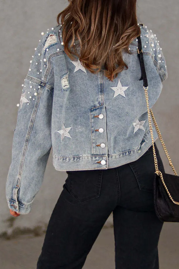 hulianfu - Light Blue Casual Solid Beading Turndown Collar Long Sleeve Denim Jacket