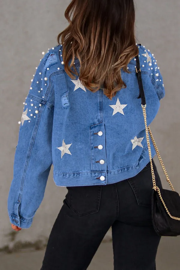 hulianfu - Light Blue Casual Solid Beading Turndown Collar Long Sleeve Denim Jacket