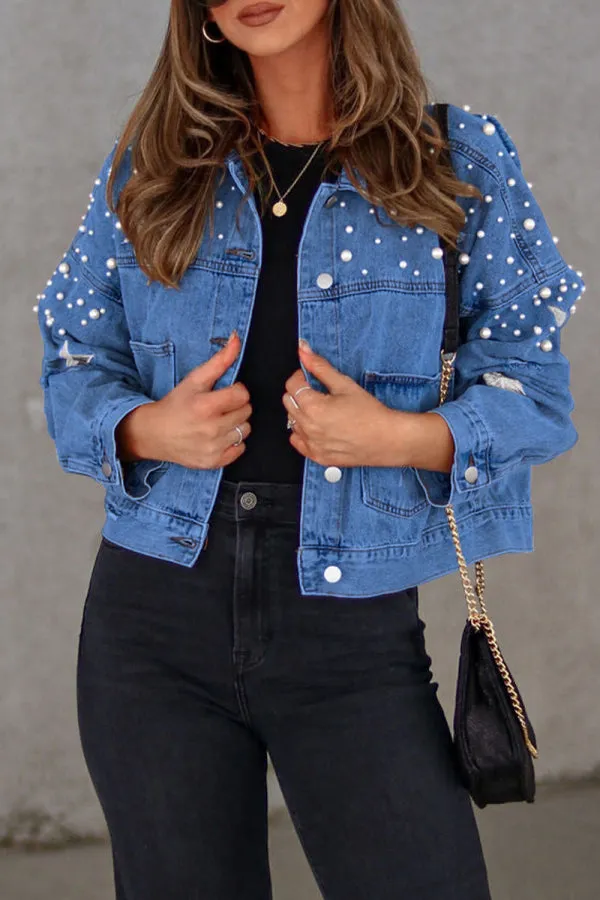 hulianfu - Light Blue Casual Solid Beading Turndown Collar Long Sleeve Denim Jacket