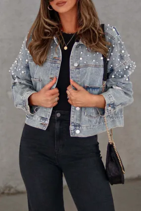 hulianfu - Light Blue Casual Solid Beading Turndown Collar Long Sleeve Denim Jacket