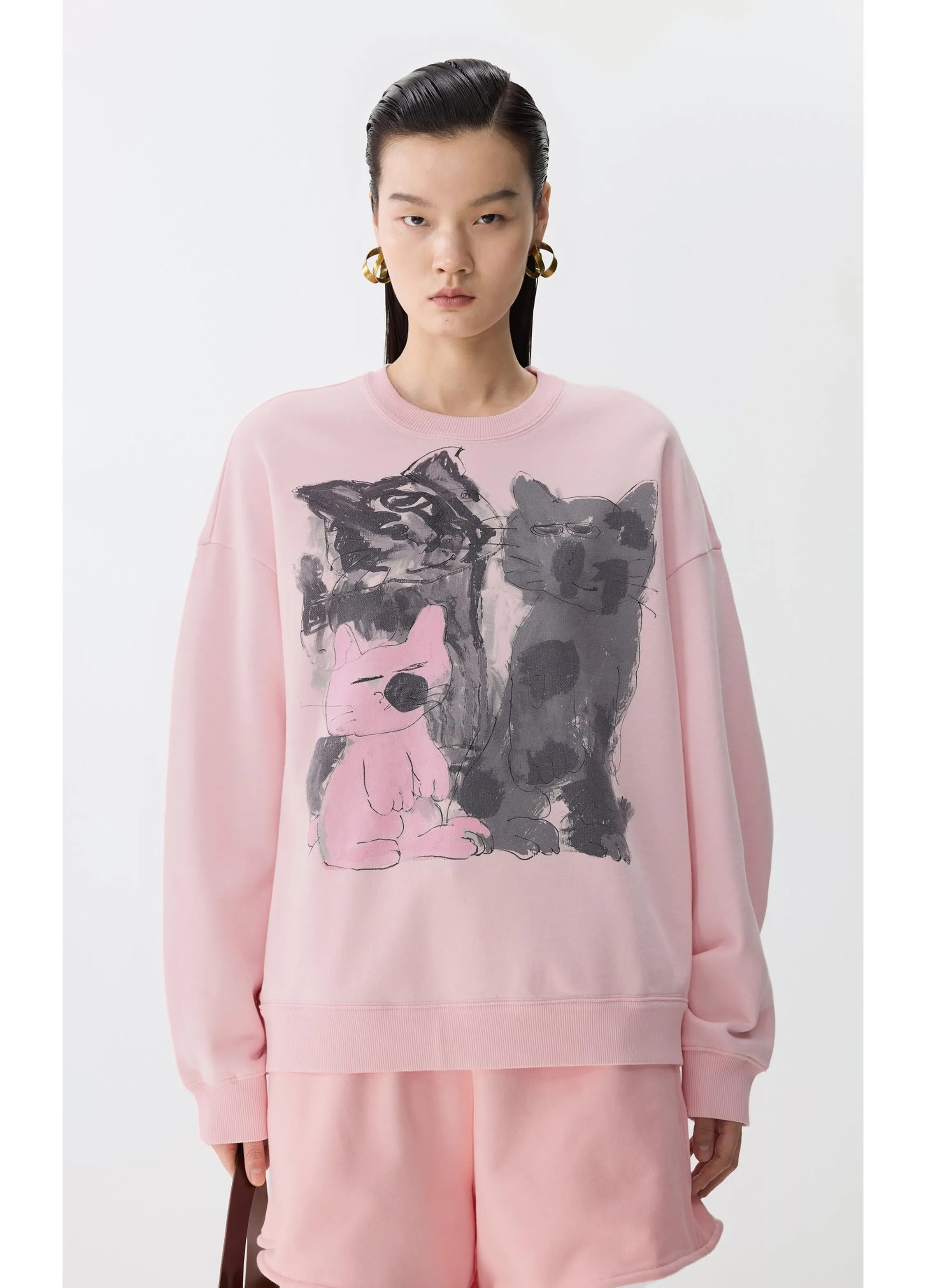 JNBY Playful Cat Oversized Cotton Sweatshirt