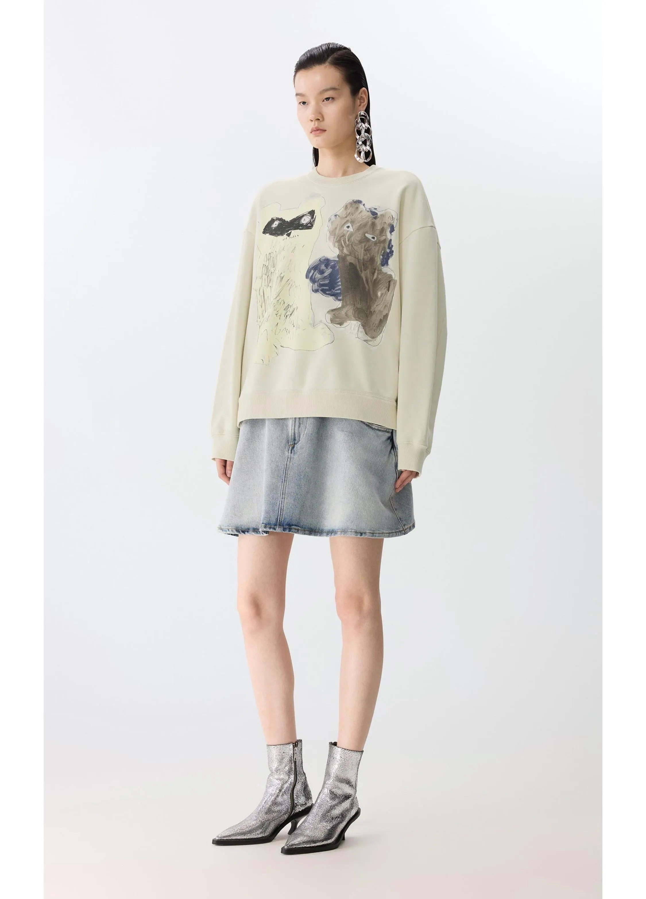 JNBY Playful Cat Oversized Cotton Sweatshirt