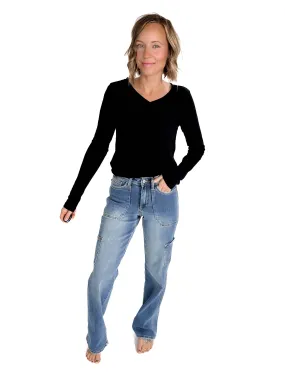 Judy Blue Emily Cargo Straight Leg Straight Leg Jean- MEDIUM WASH