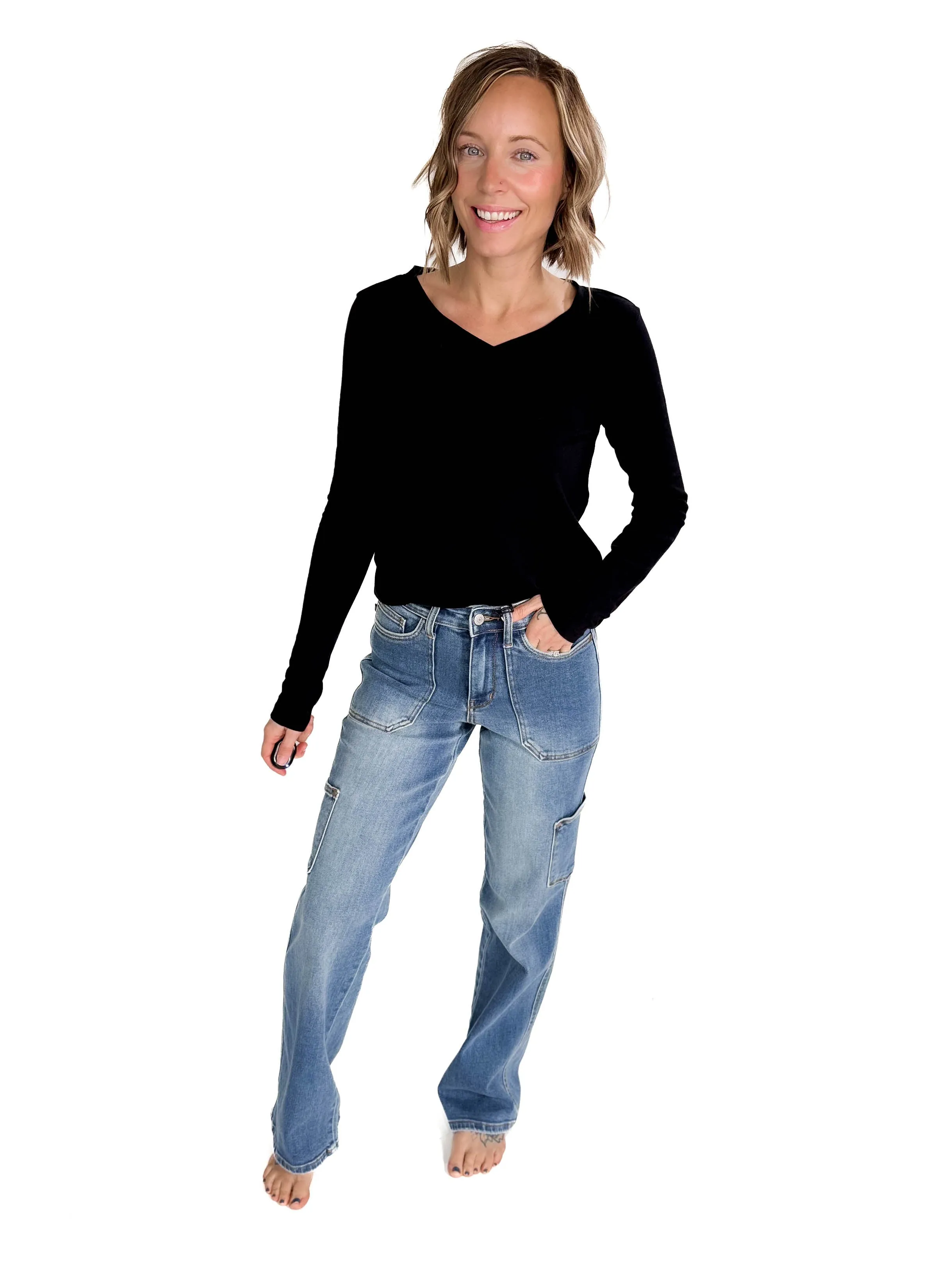 Judy Blue Emily Cargo Straight Leg Straight Leg Jean- MEDIUM WASH
