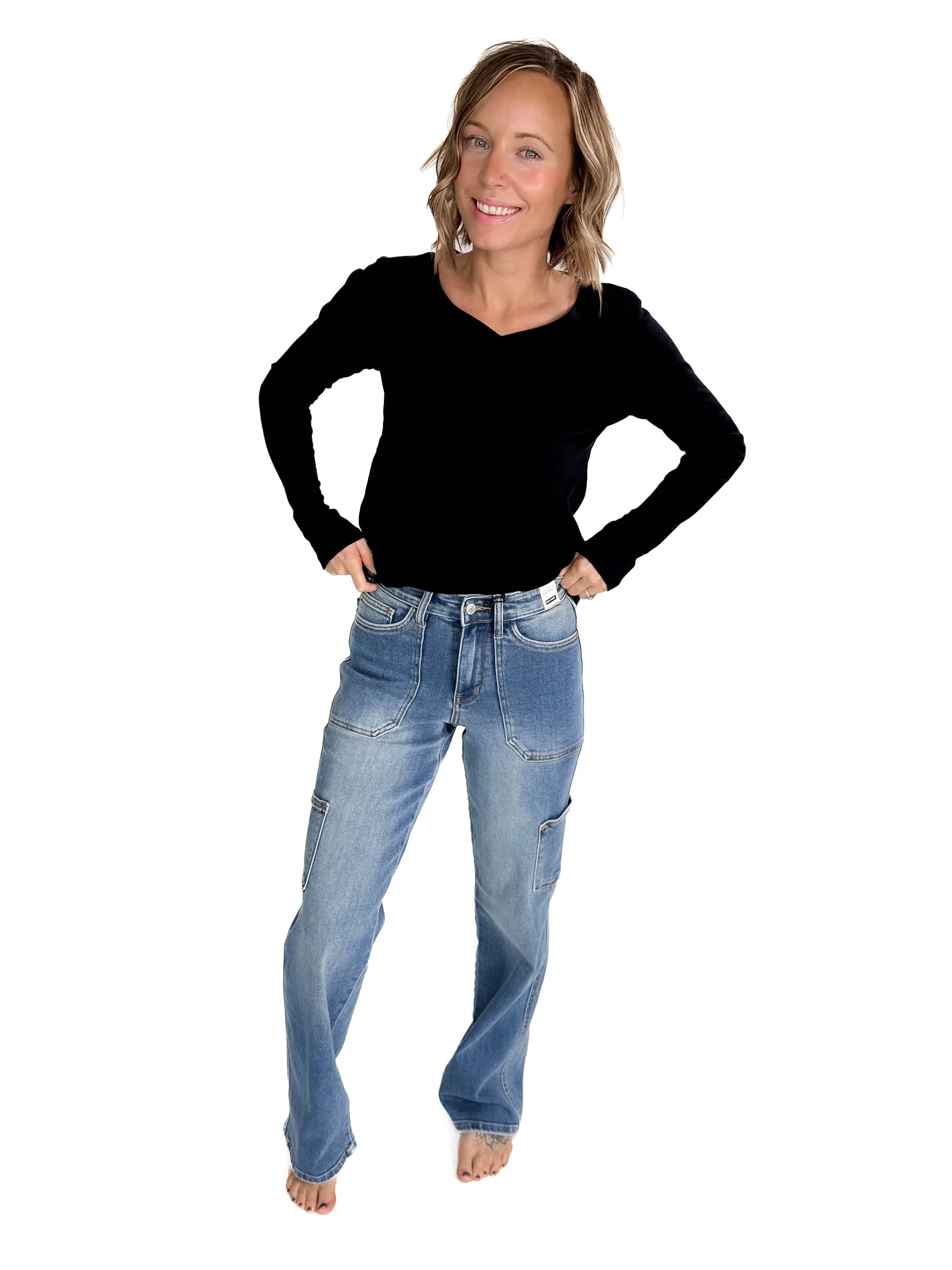Judy Blue Emily Cargo Straight Leg Straight Leg Jean- MEDIUM WASH