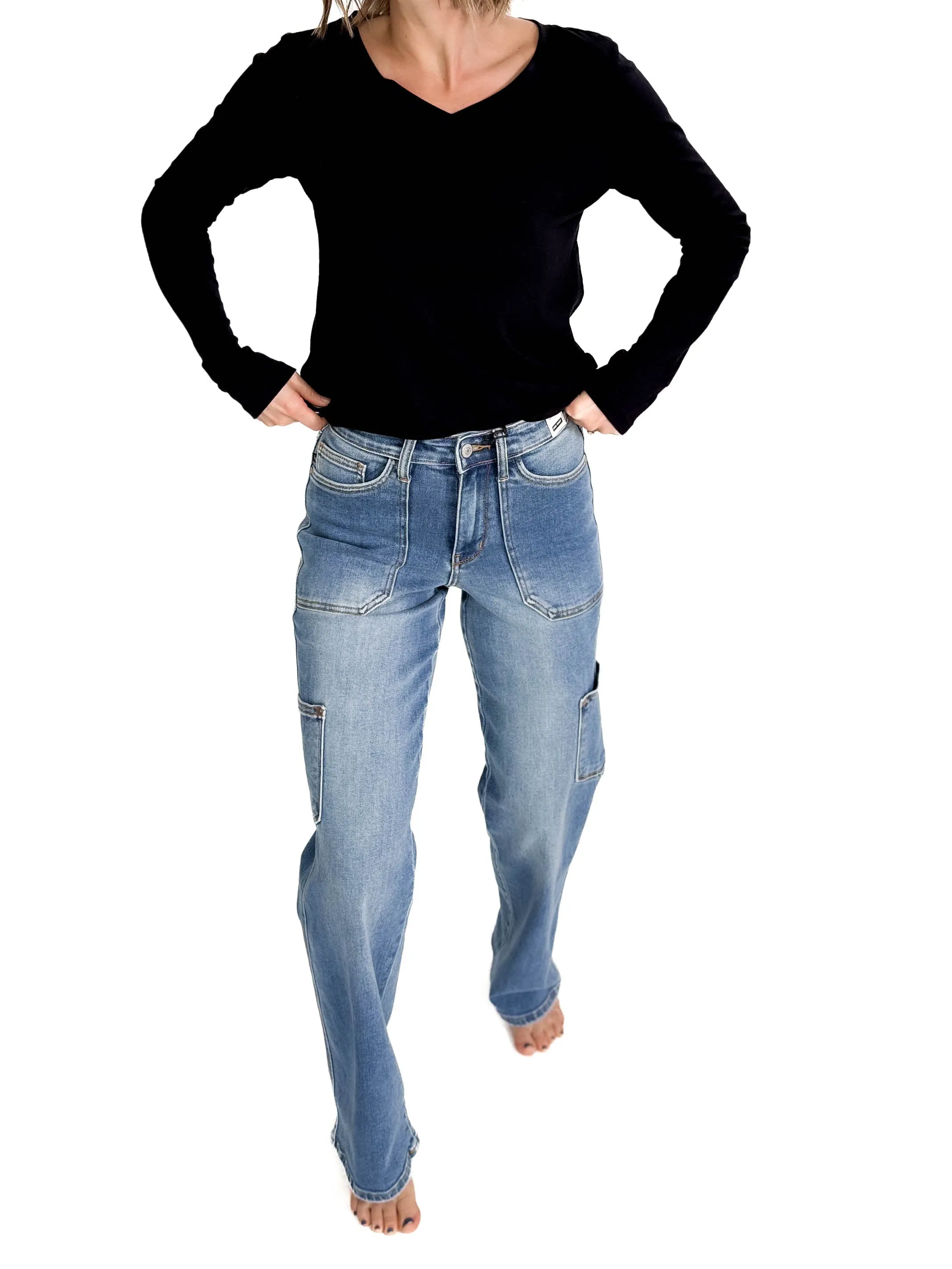 Judy Blue Emily Cargo Straight Leg Straight Leg Jean- MEDIUM WASH