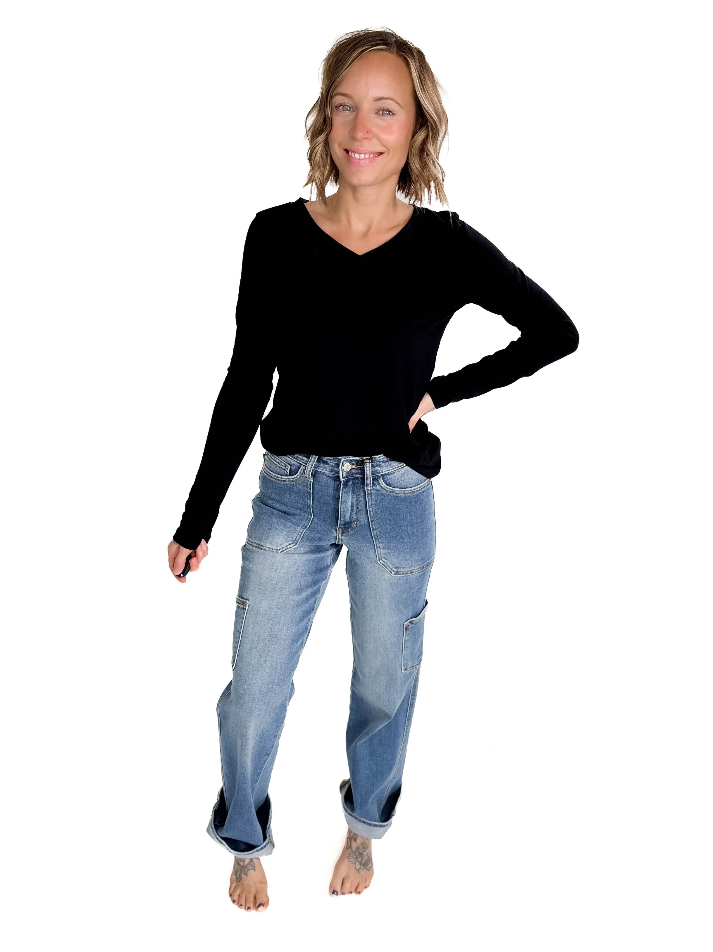 Judy Blue Emily Cargo Straight Leg Straight Leg Jean- MEDIUM WASH
