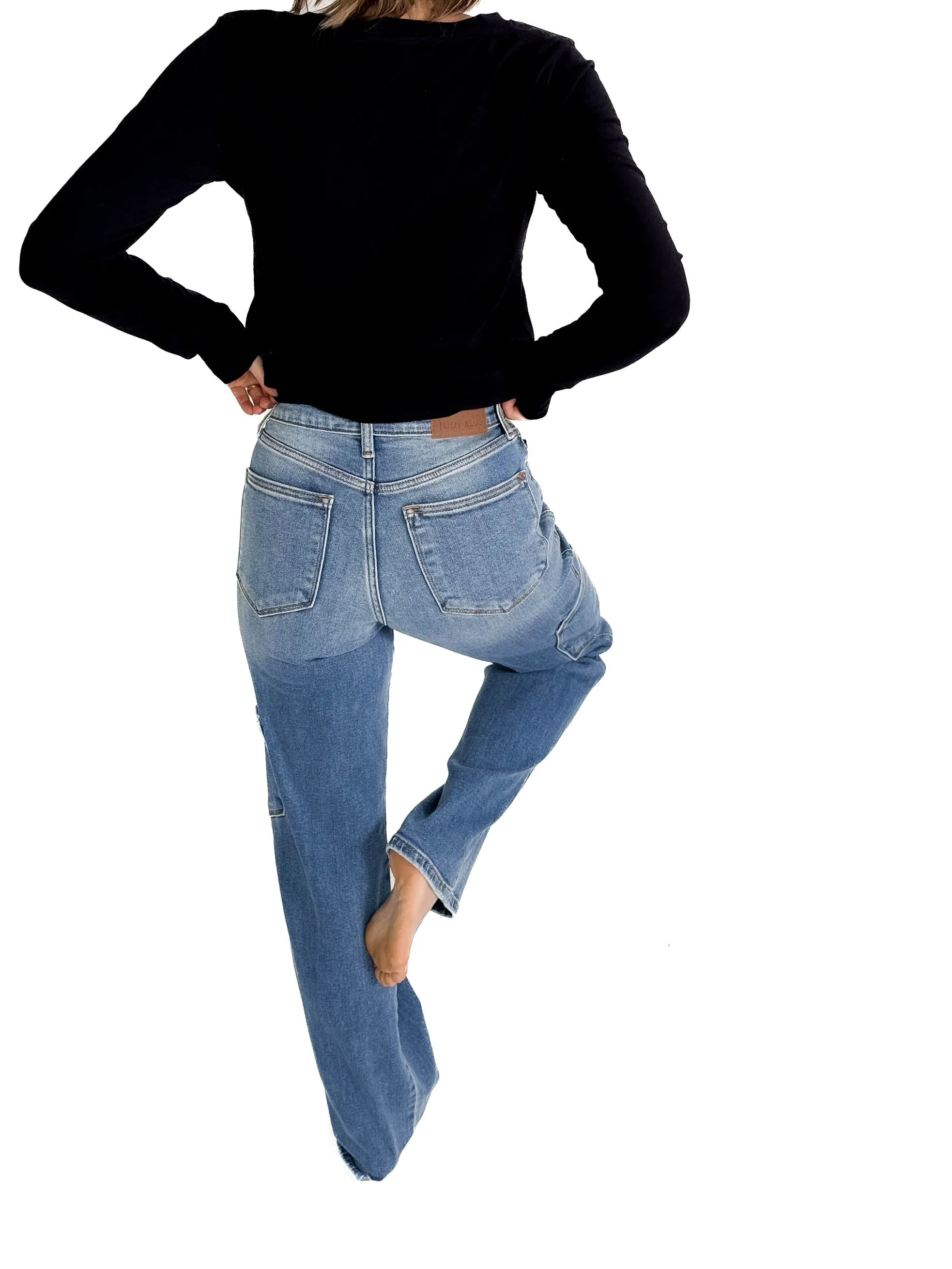 Judy Blue Emily Cargo Straight Leg Straight Leg Jean- MEDIUM WASH