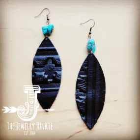 **Leather Narrow Oval Earrings in Black Navajo w/ Turquoise Accent 216a