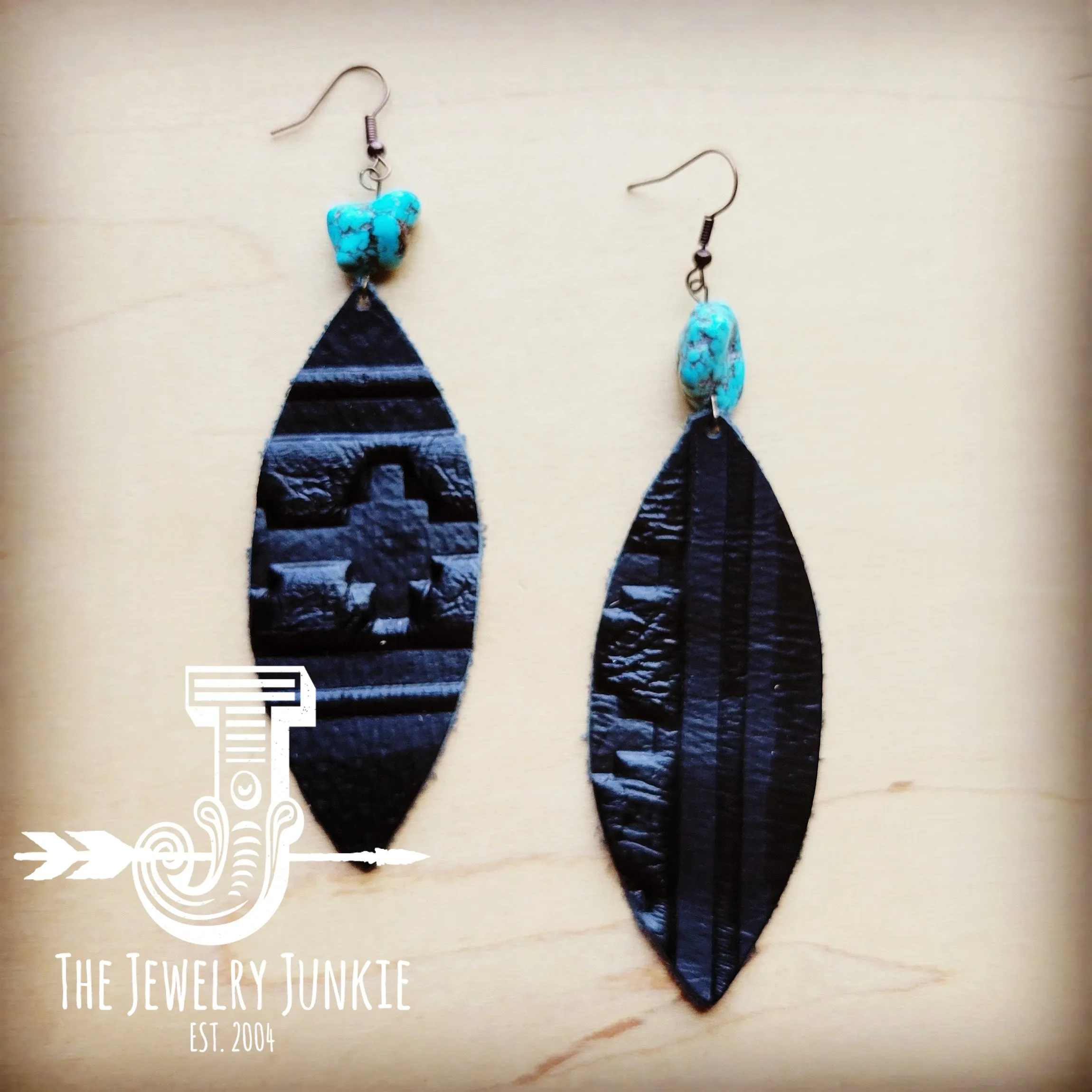 **Leather Narrow Oval Earrings in Black Navajo w/ Turquoise Accent 216a