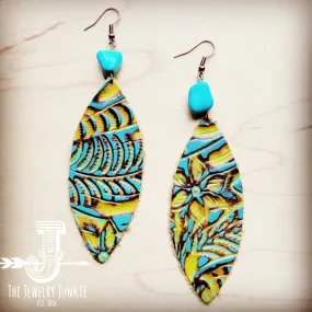 **Leather Narrow Oval Earrings in Dallas Turquoise w/ Turquoise Accent 207a