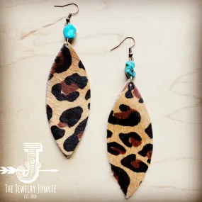 **Leather narrow Oval Earrings in Leopard w/ Turquoise Accent 206u