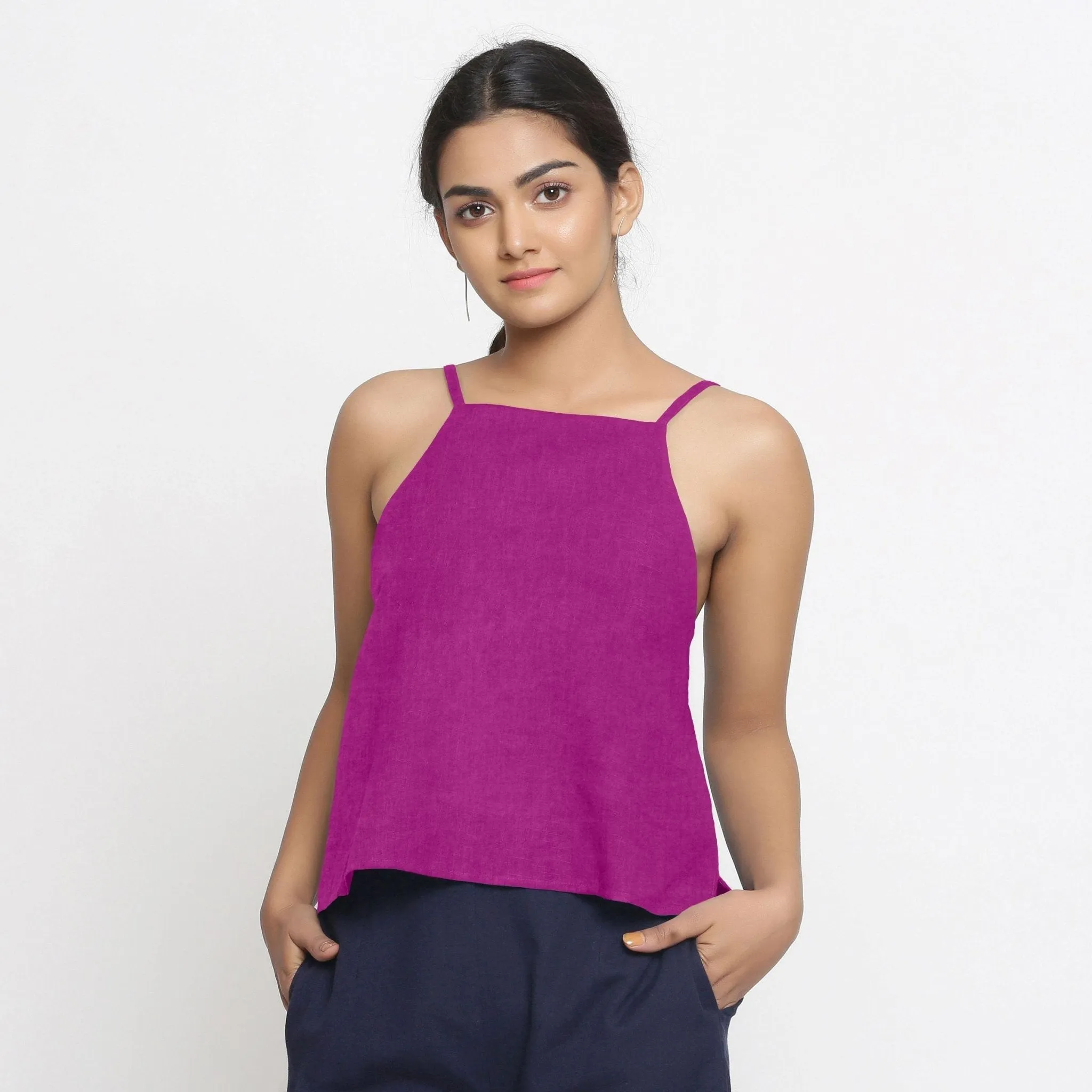 Magenta Strappy 100% Linen Strap Sleeve Spaghetti Top