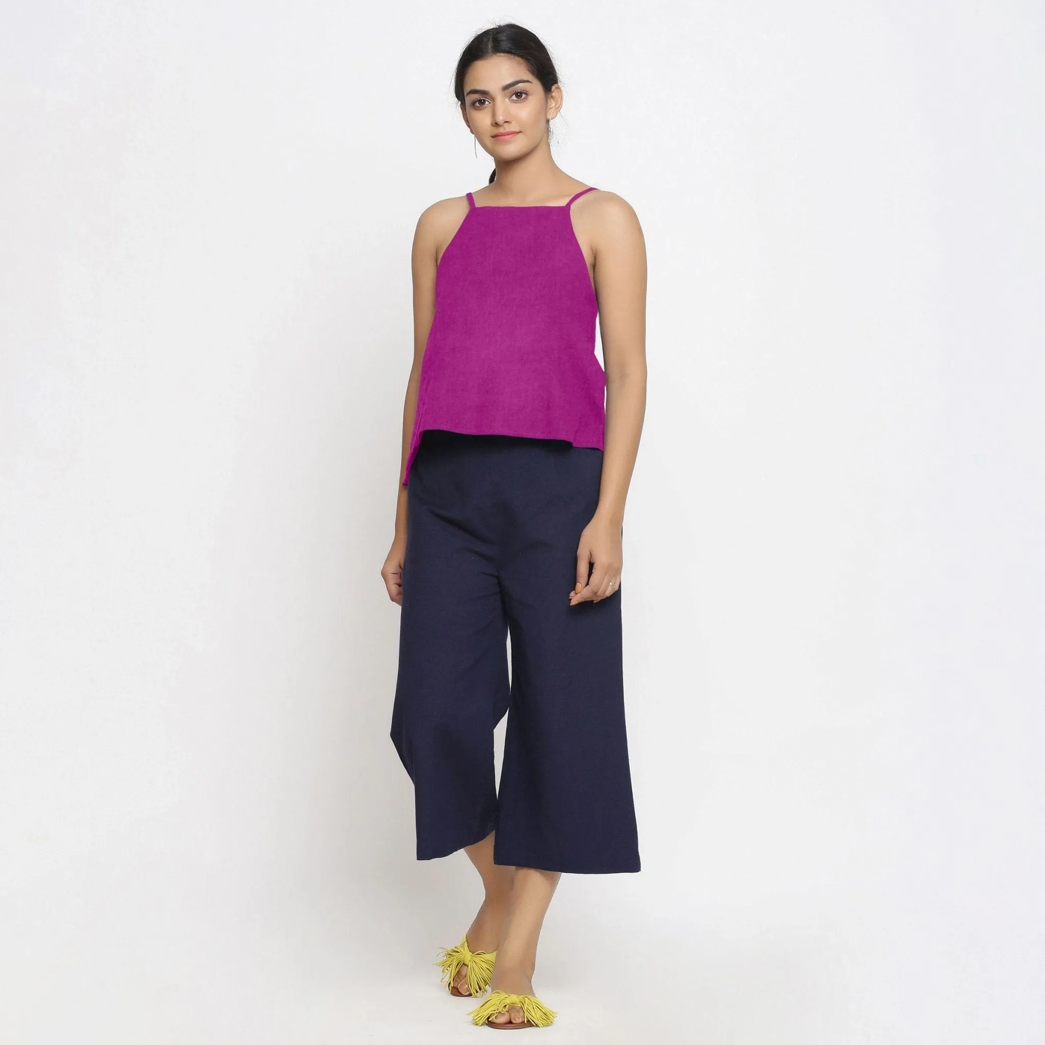 Magenta Strappy 100% Linen Strap Sleeve Spaghetti Top