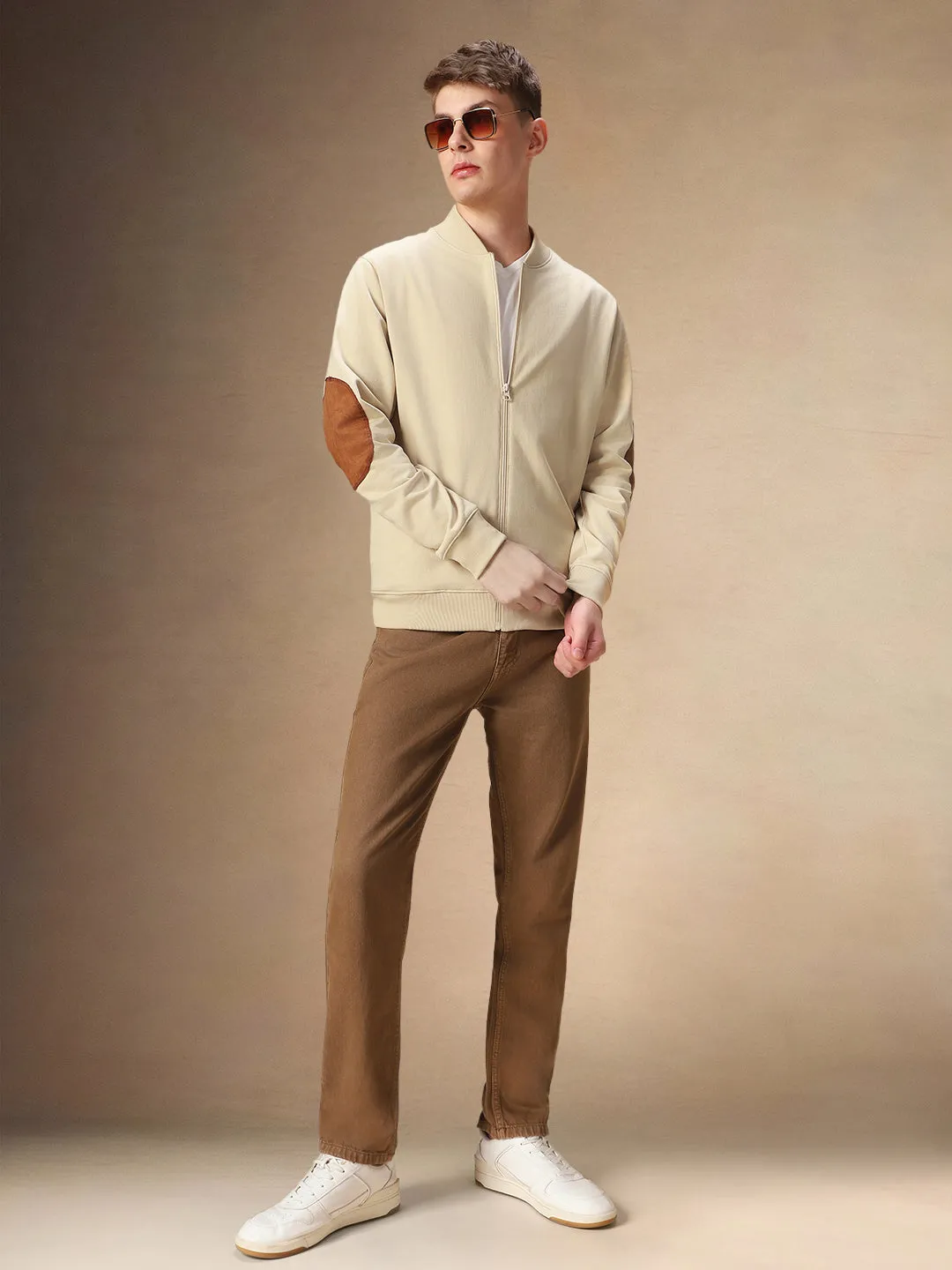 Men's Solid Rib Collar Full Sleeves Front-Open Sweatshirt