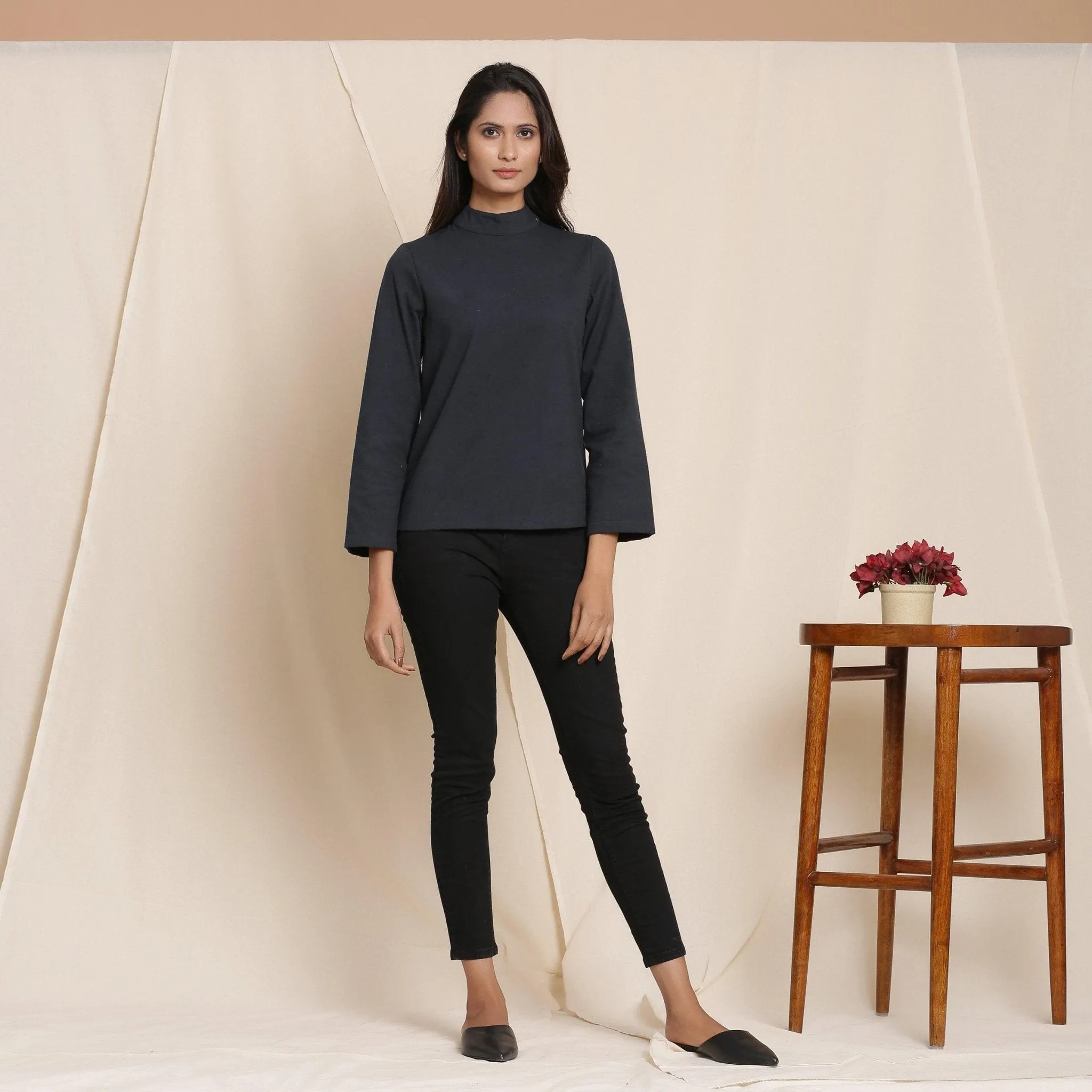 Moonlight Black Warm Cotton Flannel High Neck Top