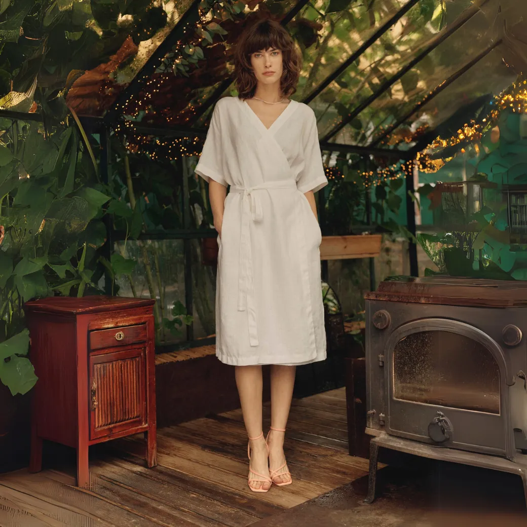 Optical White Linen Vine Dress