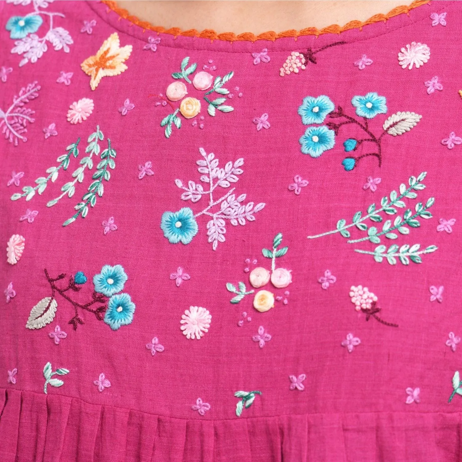 Orchid Magenta Hand Embroidered Women Top | Muslin Cotton  | Relaxed Fit