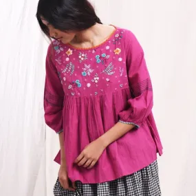 Orchid Magenta Hand Embroidered Women Top | Muslin Cotton  | Relaxed Fit