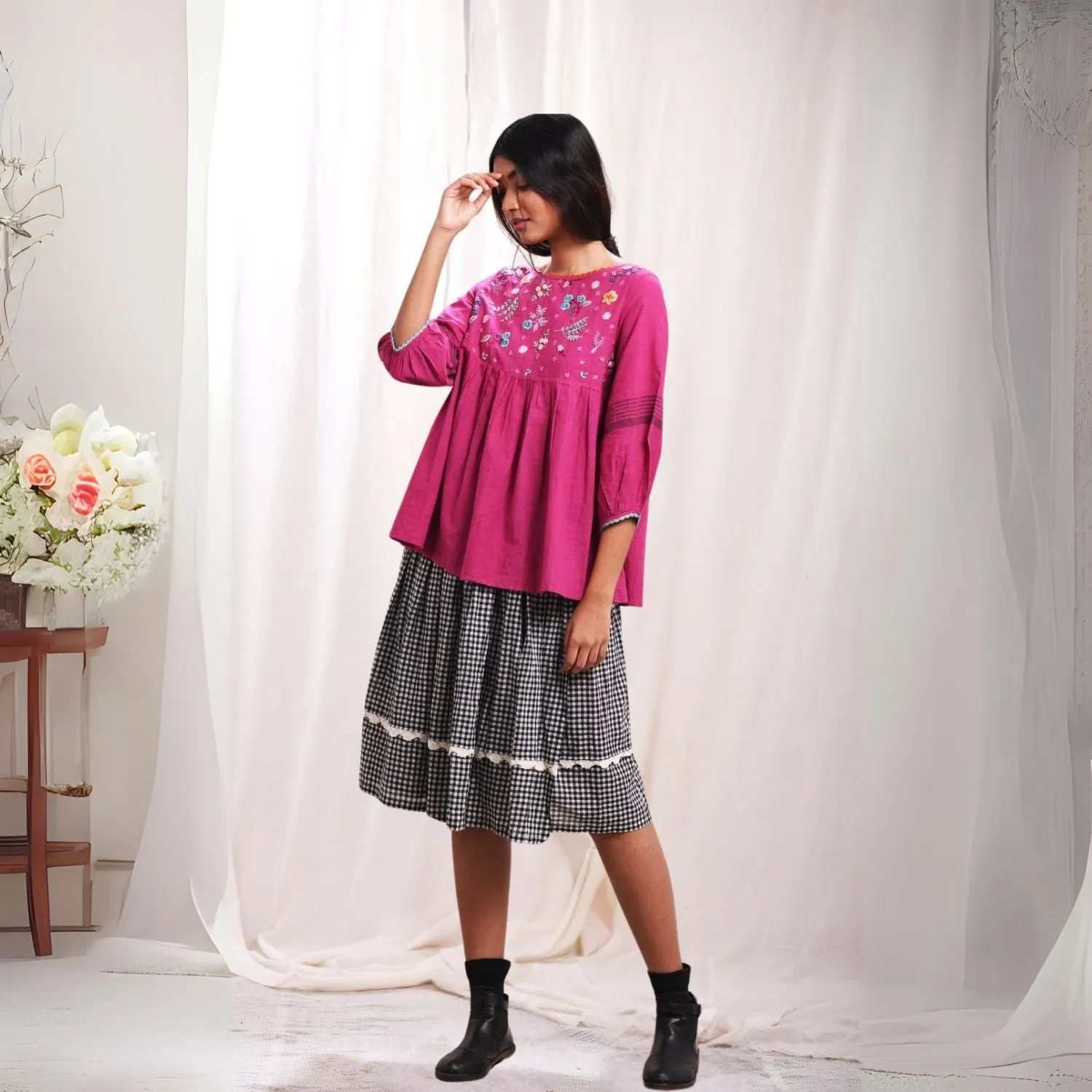 Orchid Magenta Hand Embroidered Women Top | Muslin Cotton  | Relaxed Fit
