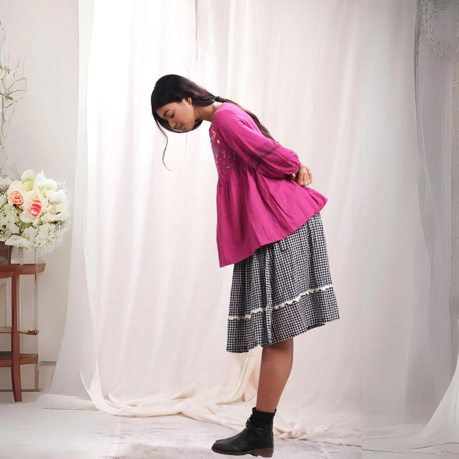Orchid Magenta Hand Embroidered Women Top | Muslin Cotton  | Relaxed Fit