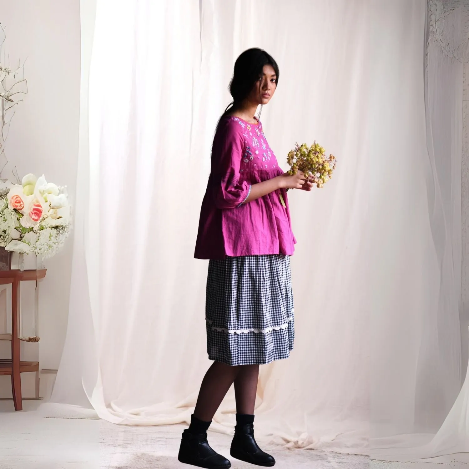 Orchid Magenta Hand Embroidered Women Top | Muslin Cotton  | Relaxed Fit