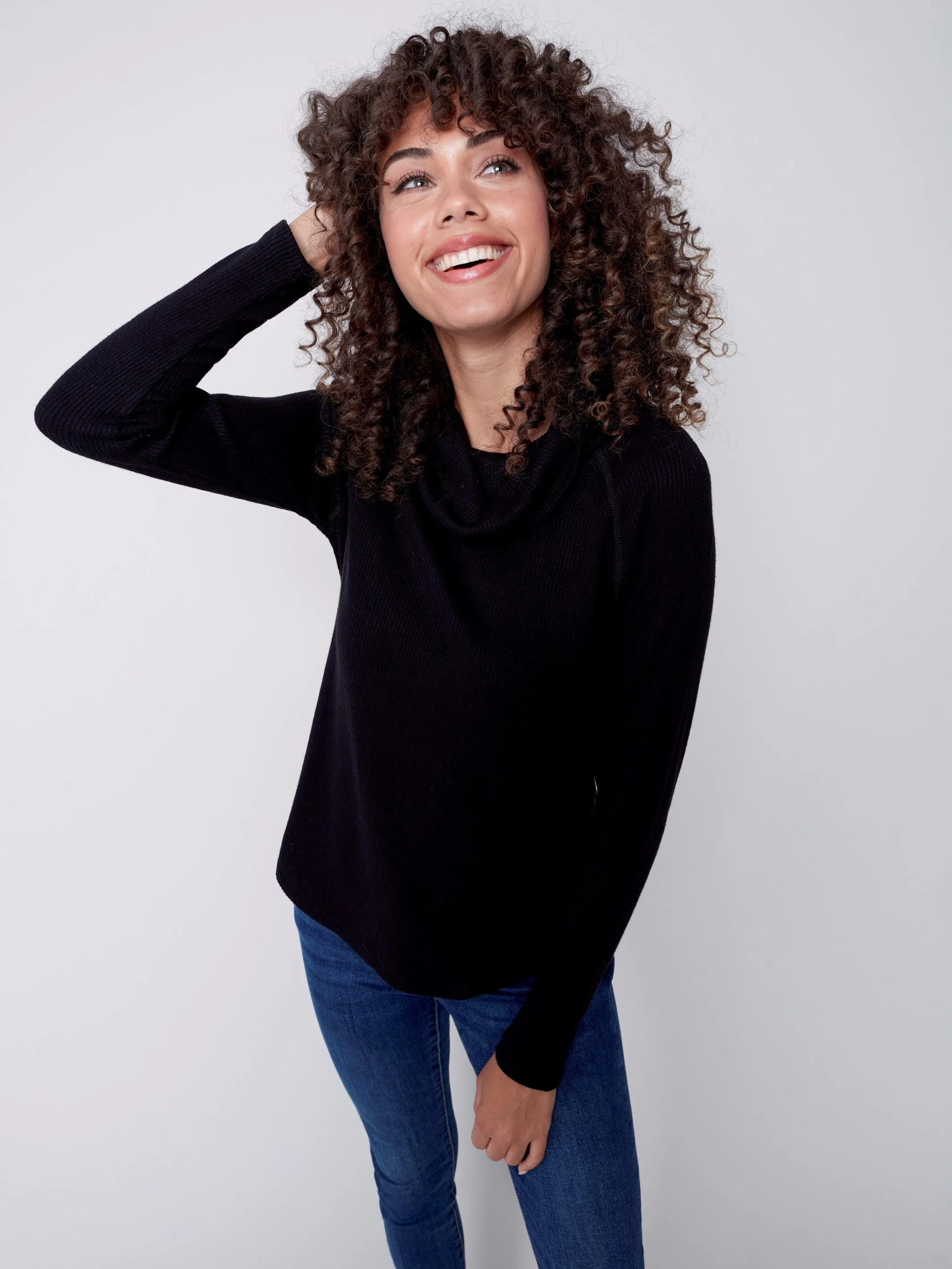 Ribbed Cowl Neck Top - Black