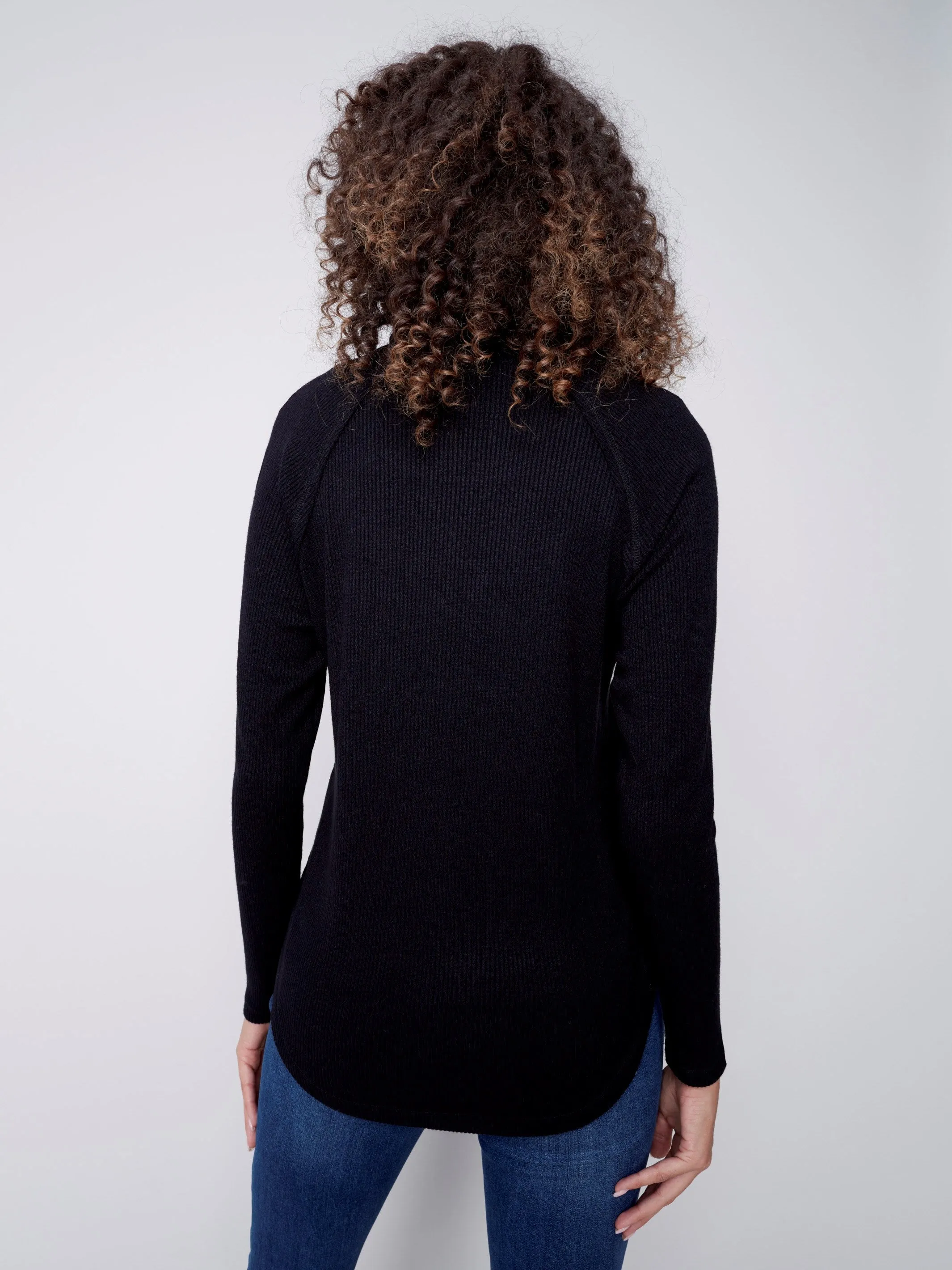 Ribbed Cowl Neck Top - Black