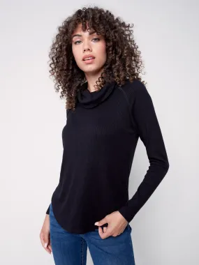 Ribbed Cowl Neck Top - Black
