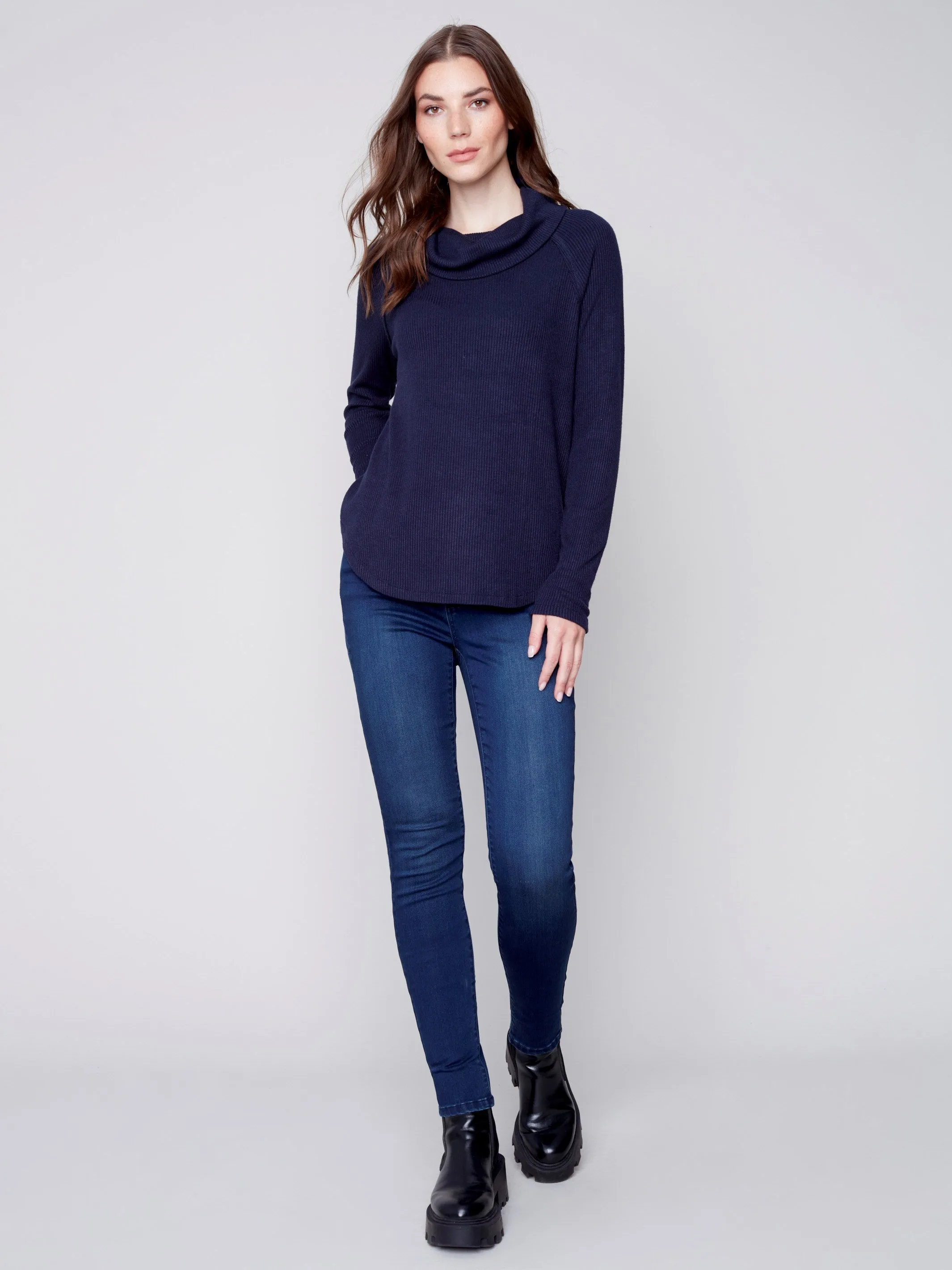 Ribbed Cowl Neck Top - Navy