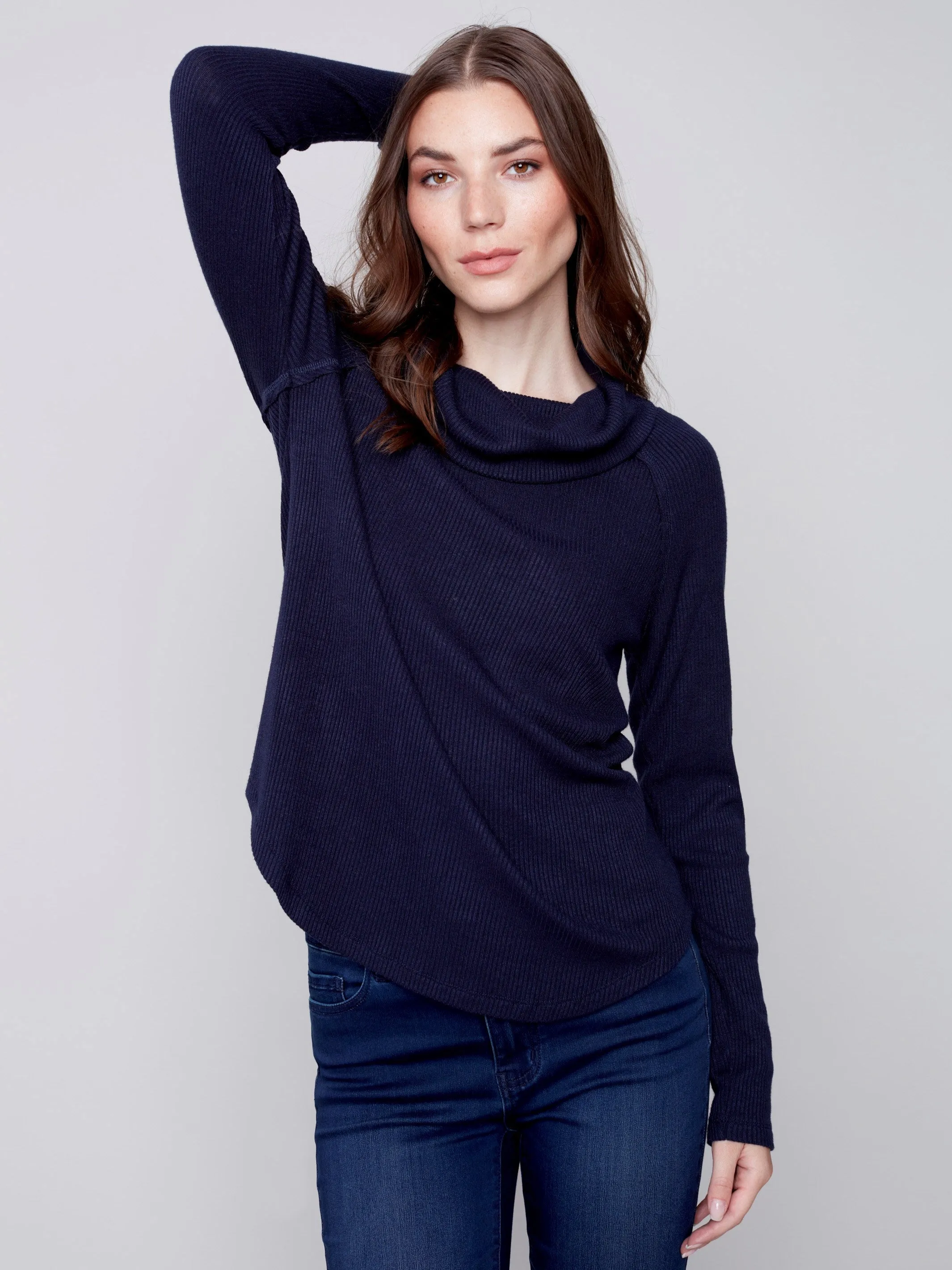 Ribbed Cowl Neck Top - Navy