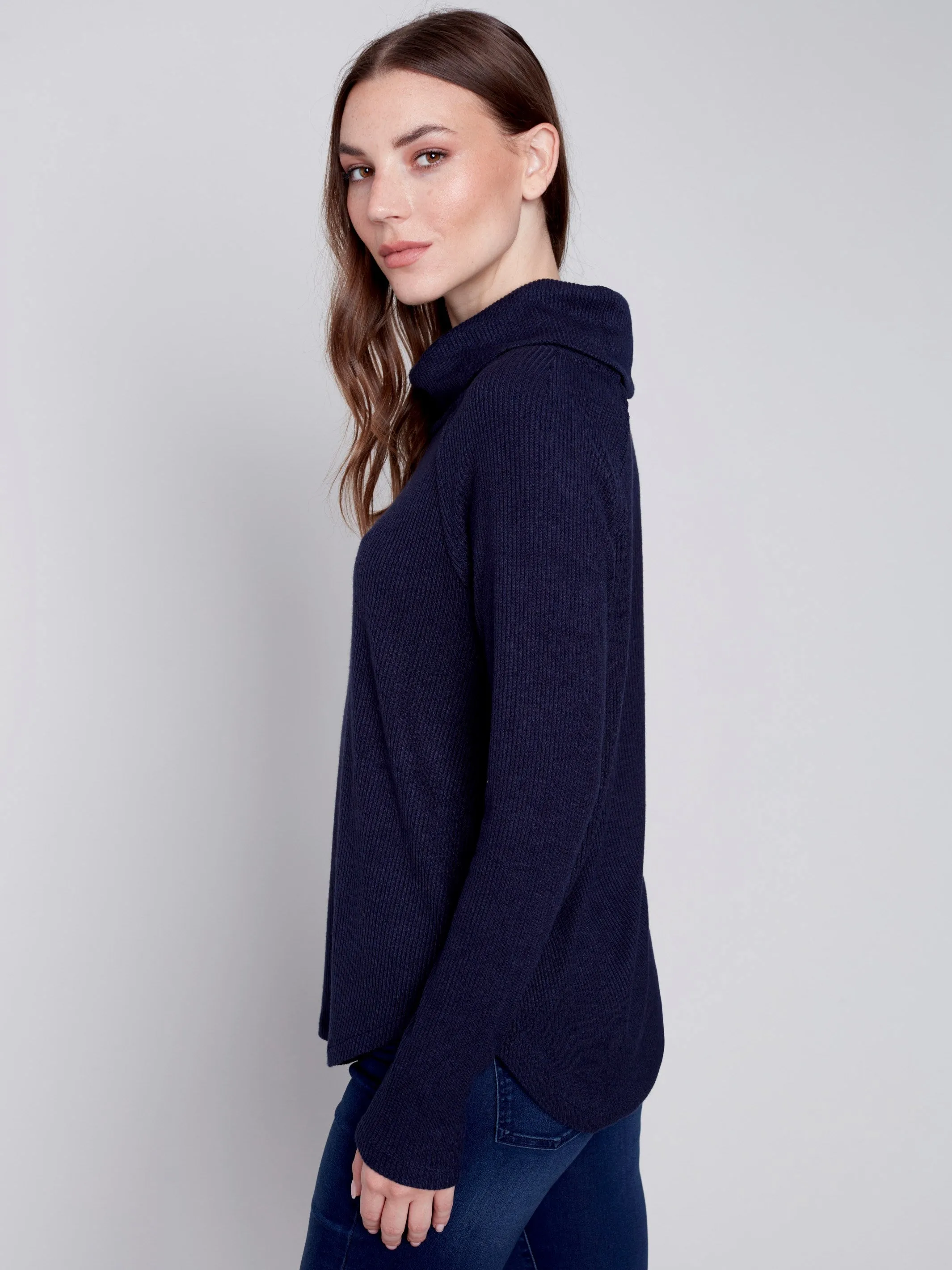 Ribbed Cowl Neck Top - Navy