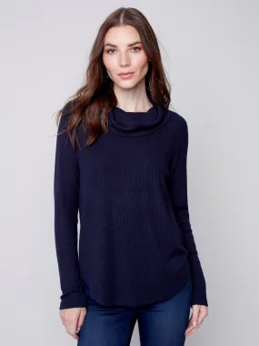 Ribbed Cowl Neck Top - Navy
