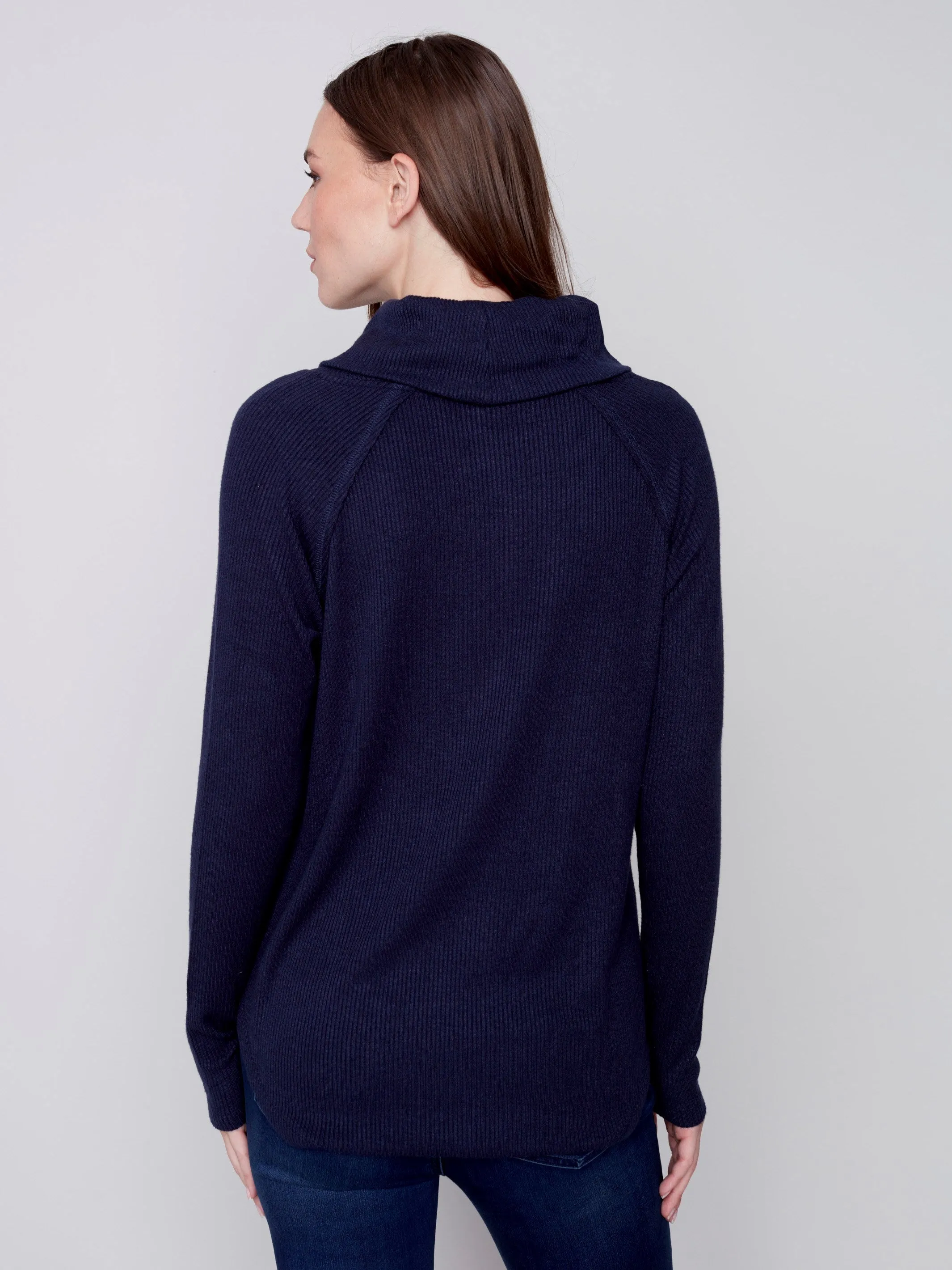 Ribbed Cowl Neck Top - Navy