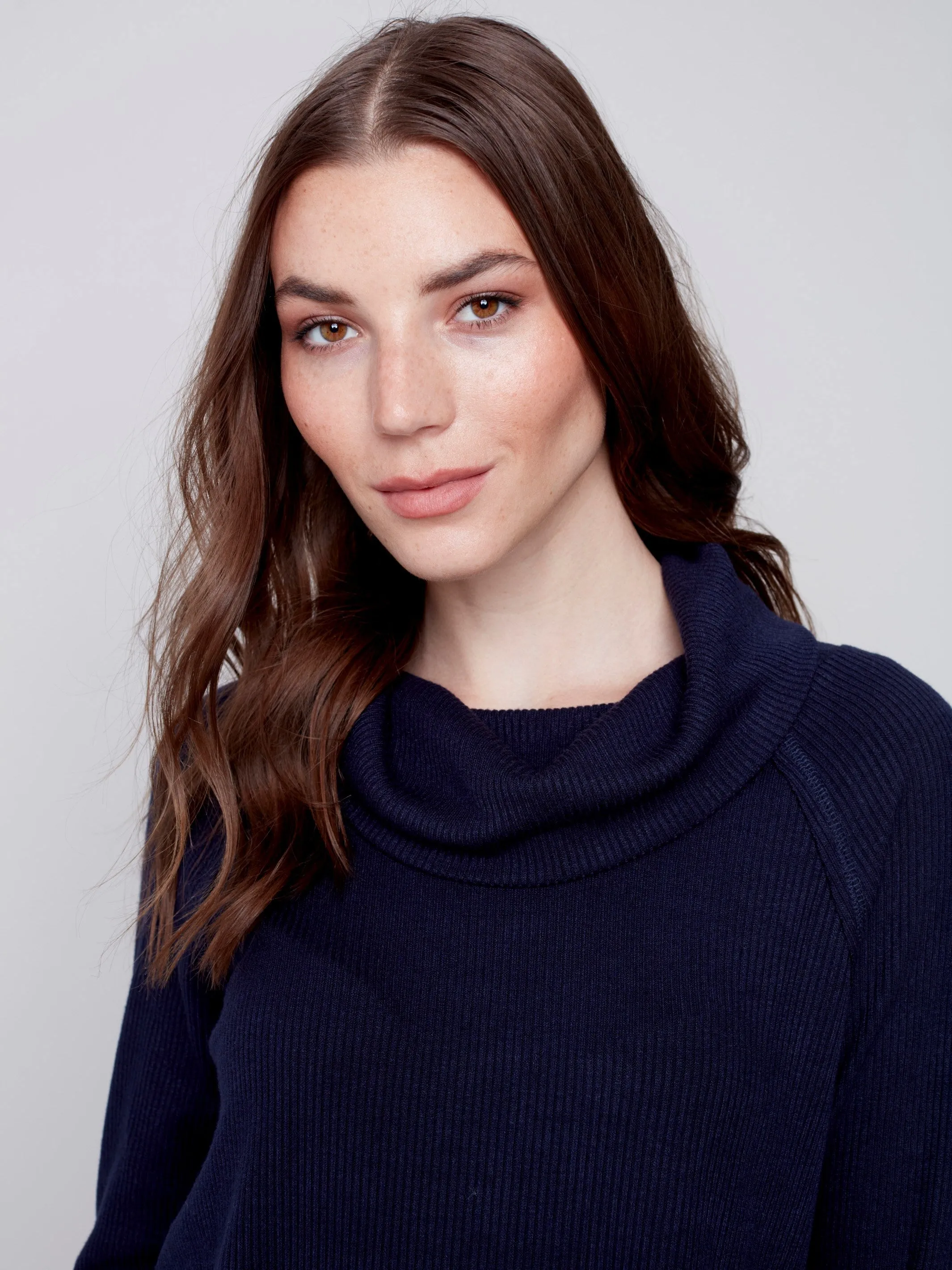 Ribbed Cowl Neck Top - Navy